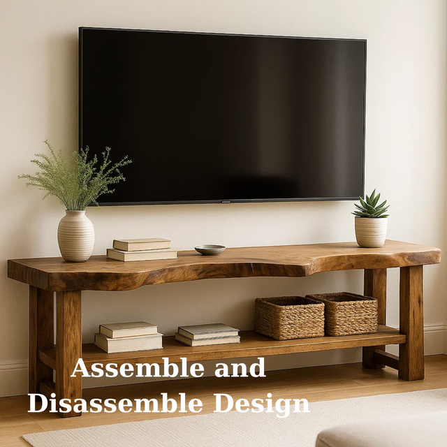 Handcrafted Solid Wood TV Stand - Live Edge Two-Tier Media Console with Storage Shelf