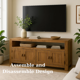 Handcrafted Solid Wood TV Stand - Rustic 4-Door Media Console with Storage Shelf
