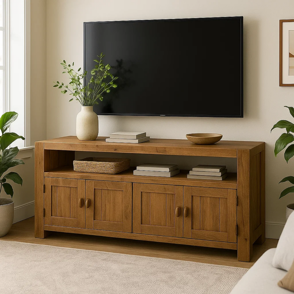 Handcrafted Solid Wood TV Stand - Rustic 4-Door Media Console with Storage Shelf