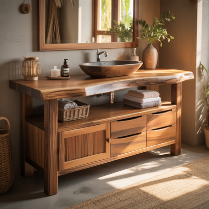 Handcrafted Solid Wood Live Edge Bathroom Vanity - Drawer, Cabinet & Open Storage