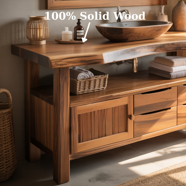 Handcrafted Solid Wood Live Edge Bathroom Vanity - Drawer, Cabinet & Open Storage