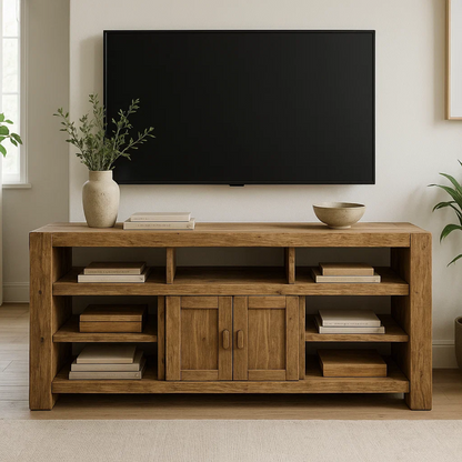 Handcrafted Solid Wood TV Stand - Rustic Media Console with Open Shelves and Central Cabinet