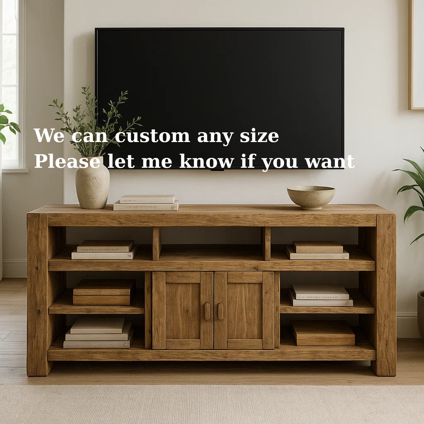 Handcrafted Solid Wood TV Stand - Rustic Media Console with Open Shelves and Central Cabinet