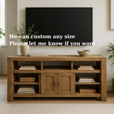 Handcrafted Solid Wood TV Stand - Rustic Media Console with Open Shelves and Central Cabinet