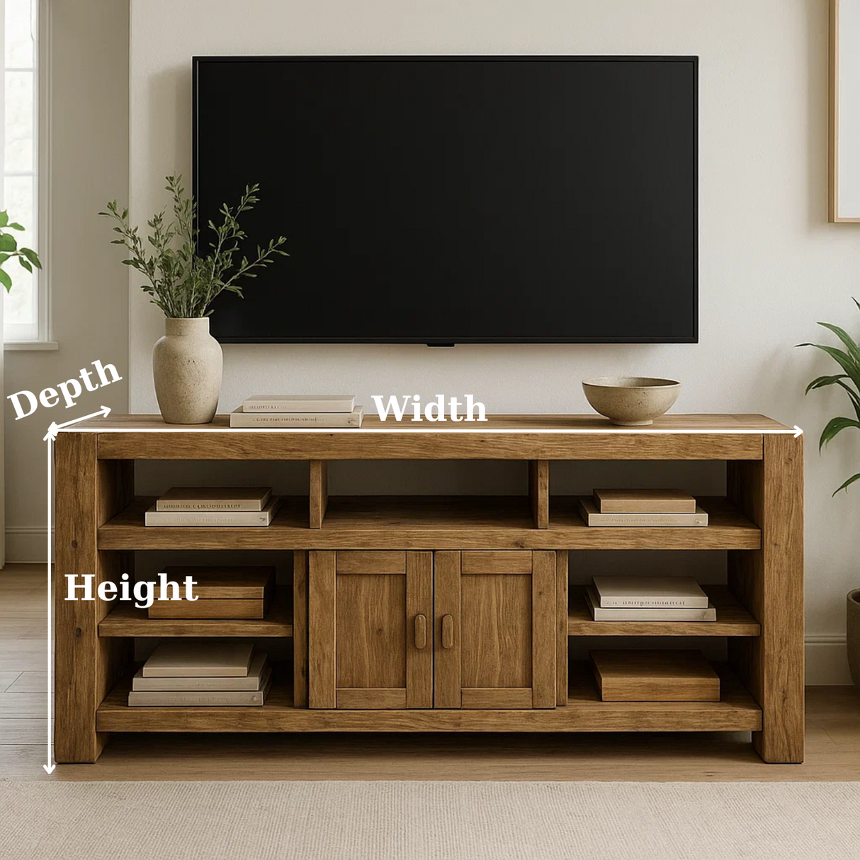 Handcrafted Solid Wood TV Stand - Rustic Media Console with Open Shelves and Central Cabinet
