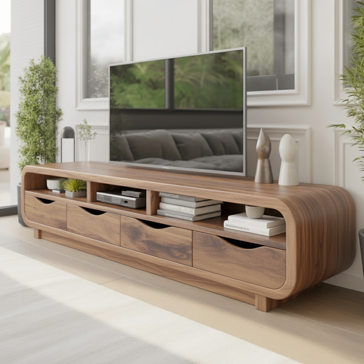 Handcrafted Solid Wood TV Stand - Modern Curved Media Console with Drawers & Open Storage