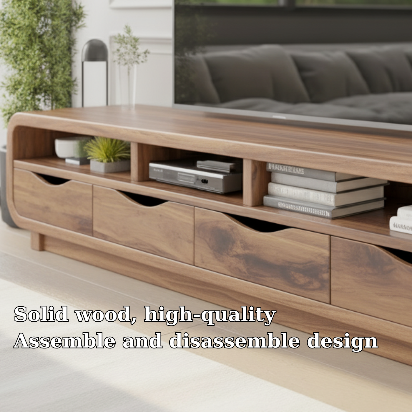 Handcrafted Solid Wood TV Stand - Modern Curved Media Console with Drawers & Open Storage