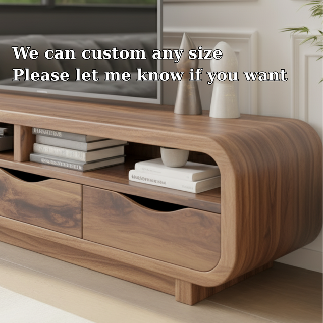 Handcrafted Solid Wood TV Stand - Modern Curved Media Console with Drawers & Open Storage