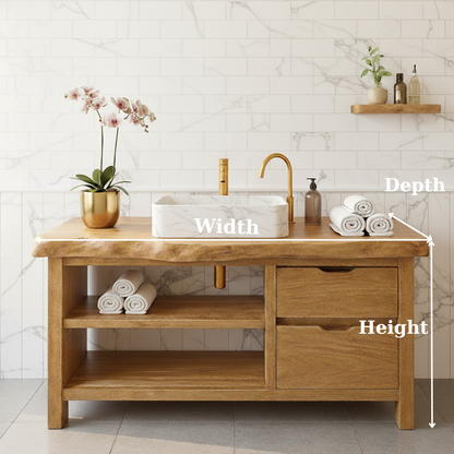 Handcrafted Solid Wood Live Edge Vanity - Drawer & Open Shelf Storage