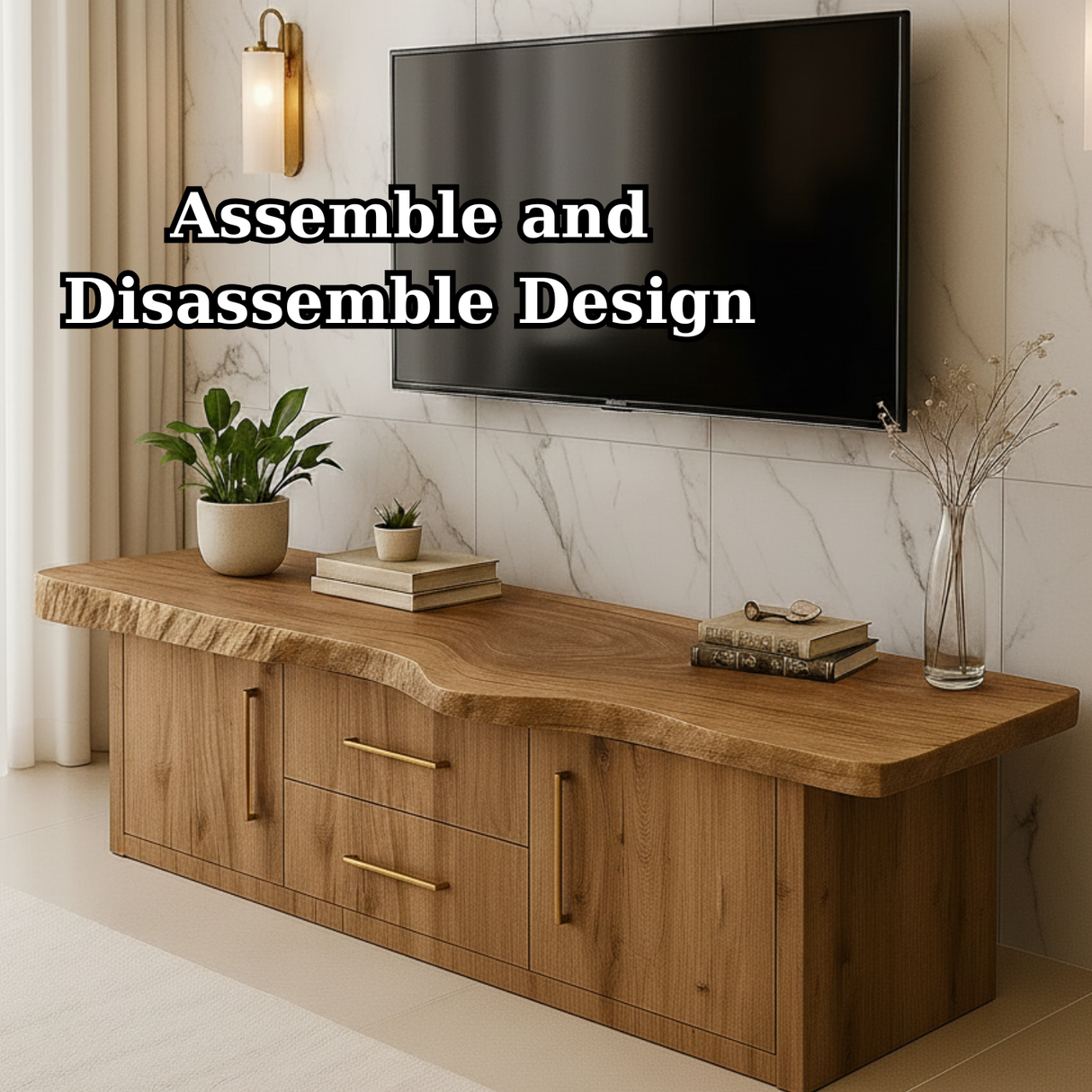 Handcrafted Solid Wood TV Stand - Live Edge Top Modern Storage Console with Drawers