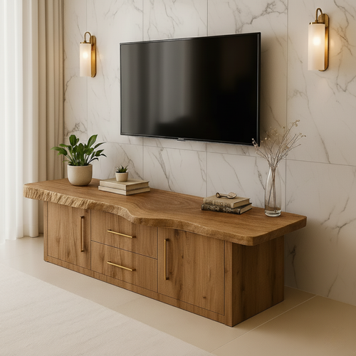 Handcrafted Solid Wood TV Stand - Live Edge Top Modern Storage Console with Drawers