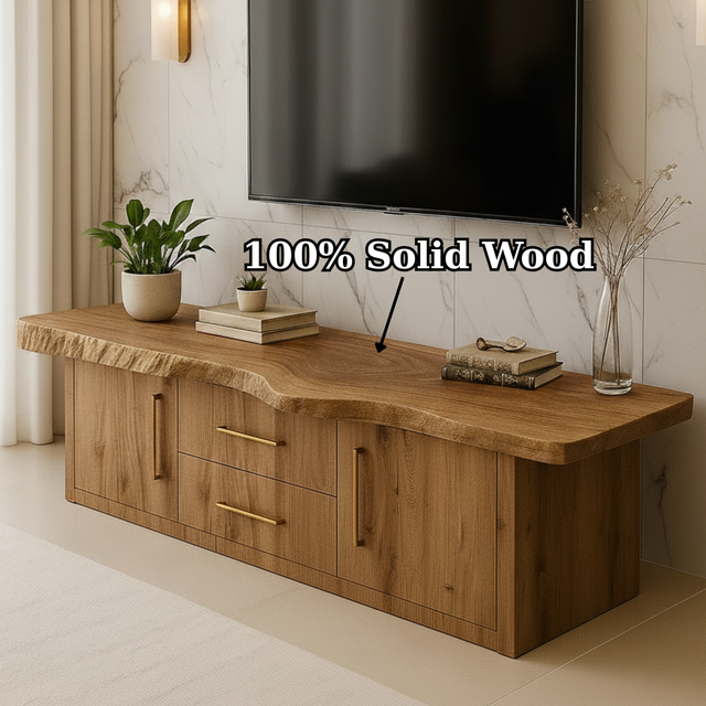 Handcrafted Solid Wood TV Stand - Live Edge Top Modern Storage Console with Drawers