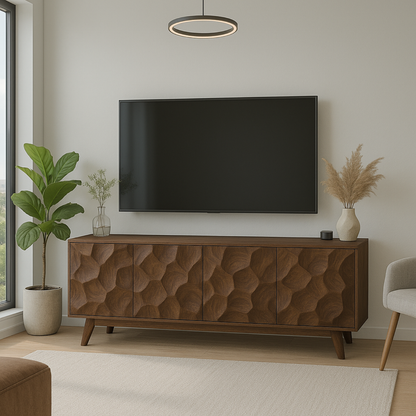 Handcrafted Solid Wood TV Stand - Mid-Century Modern Console with Wave Carved Doors