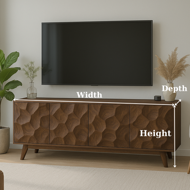 Handcrafted Solid Wood TV Stand - Mid-Century Modern Console with Wave Carved Doors