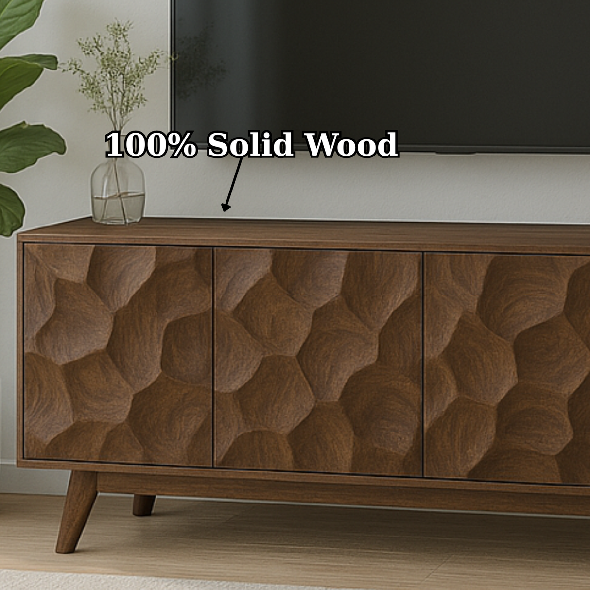 Handcrafted Solid Wood TV Stand - Mid-Century Modern Console with Wave Carved Doors