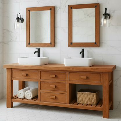 Handcrafted Solid Wood Double Bathroom Vanity - Modern Storage Washstand