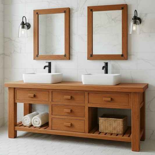 Handcrafted Solid Wood Double Bathroom Vanity - Modern Storage Washstand