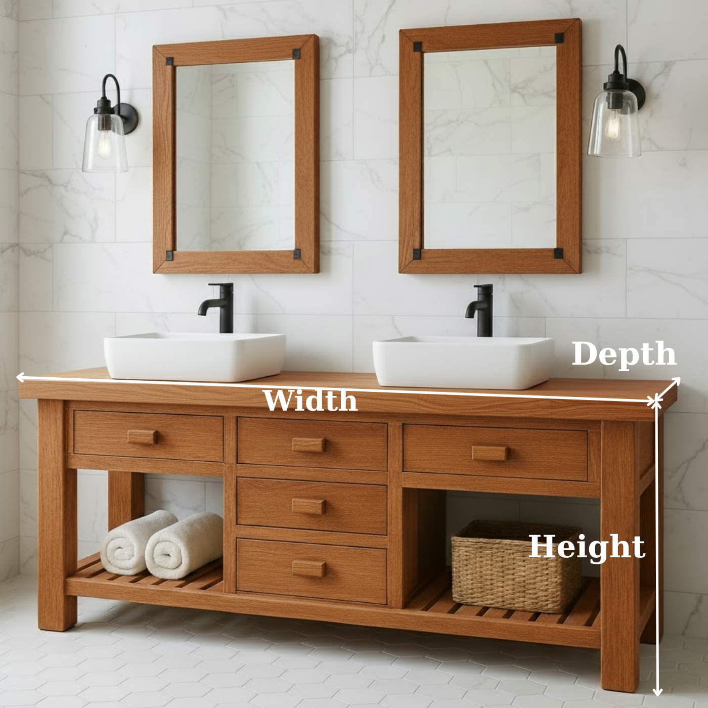 Handcrafted Solid Wood Double Bathroom Vanity - Modern Storage Washstand