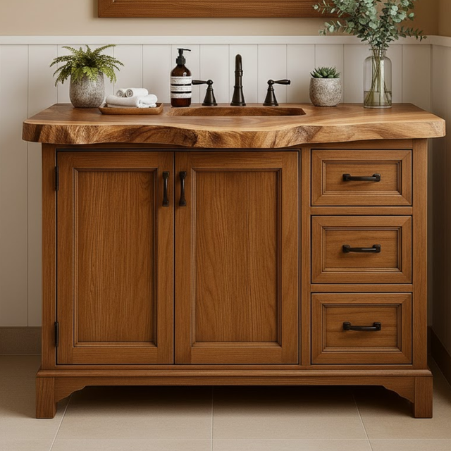 Handcrafted Solid Wood Single Sink Bathroom Vanity - Rustic Live Edge Cabinet with Drawer Storage