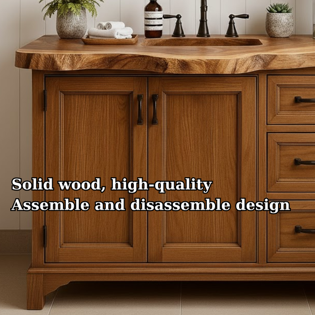 Handcrafted Solid Wood Single Sink Bathroom Vanity - Rustic Live Edge Cabinet with Drawer Storage