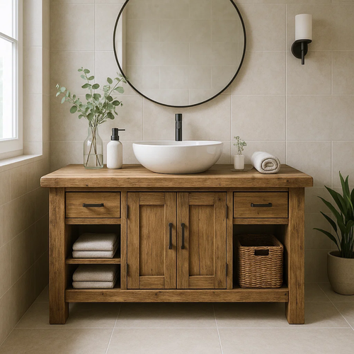 Handcrafted Farmhouse Solid Wood Bathroom Vanity - Rustic Washstand with Open Shelves and Vessel Sink Top