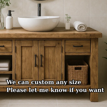 Handcrafted Farmhouse Solid Wood Bathroom Vanity - Rustic Washstand with Open Shelves and Vessel Sink Top