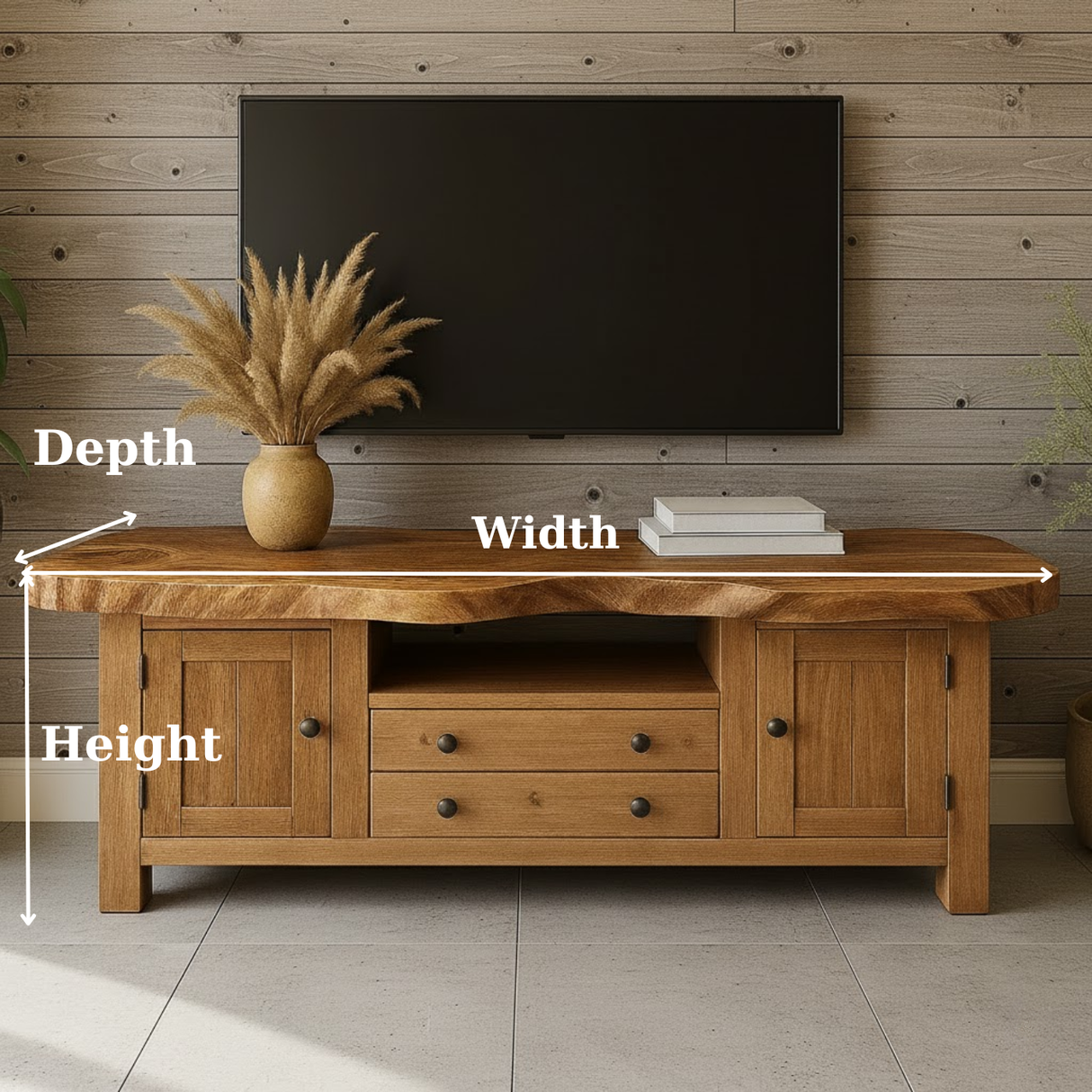 Handcrafted Solid Wood TV Stand - Live Edge Top Rustic Farmhouse Storage Console