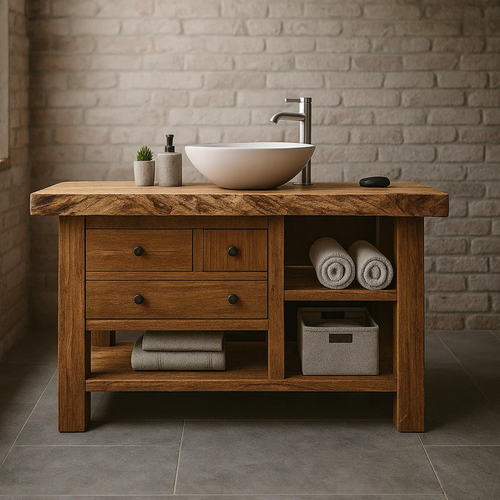 Handcrafted Solid Wood Rustic Bathroom Vanity - Open Shelf & Drawer Storage