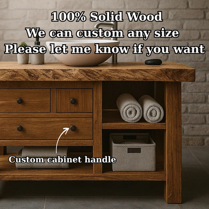 Handcrafted Solid Wood Rustic Bathroom Vanity - Open Shelf & Drawer Storage