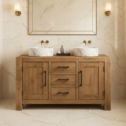 Handcrafted Solid Wood Double Bathroom Vanity - Cabinet & 3 Drawer Storage