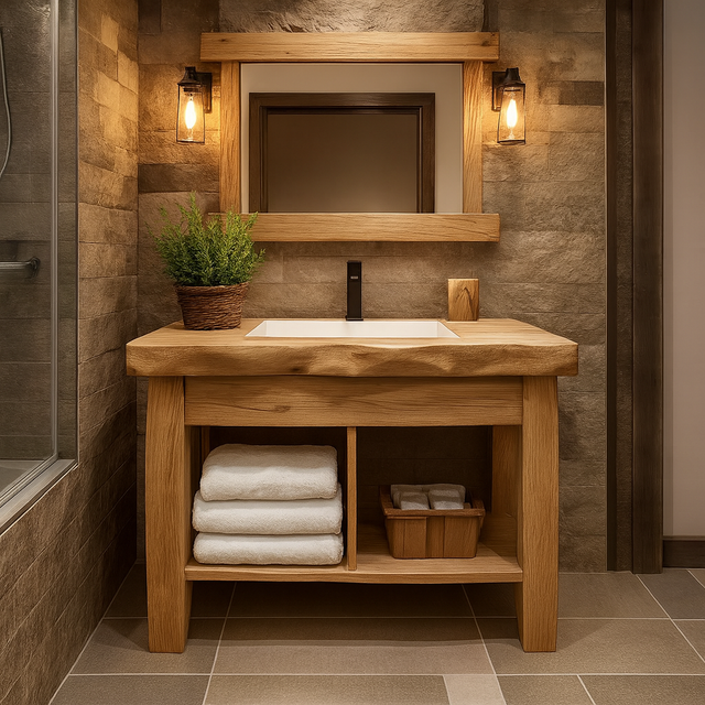 Handcrafted Solid Wood Bathroom Vanity with Natural Live Edge and Open Shelf Rustic Design