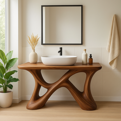 Handcrafted Solid Wood Bathroom Vanity – Sculptural Organic X-Form Base with Modern Artistic Flow