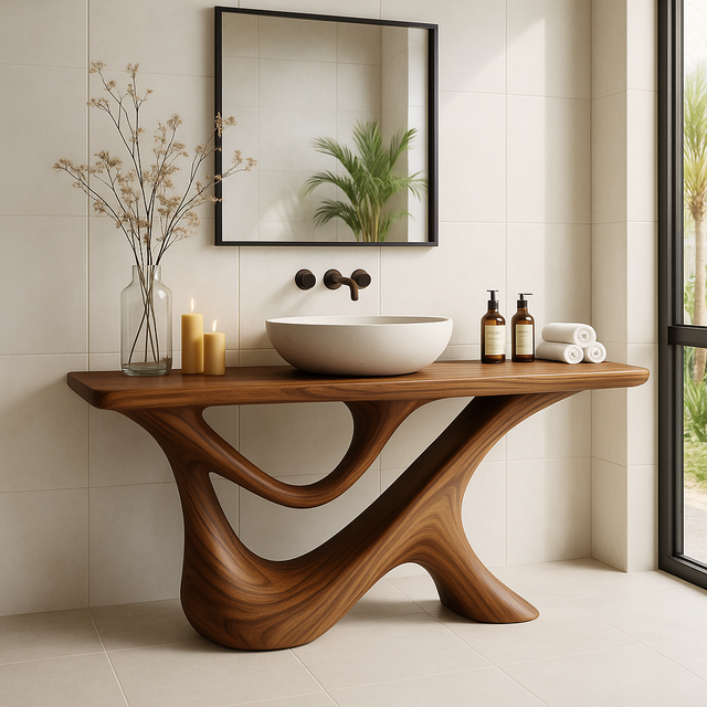 Handcrafted Solid Wood Bathroom Vanity – Sculptural Organic Y-Form Base with Natural Flow Design