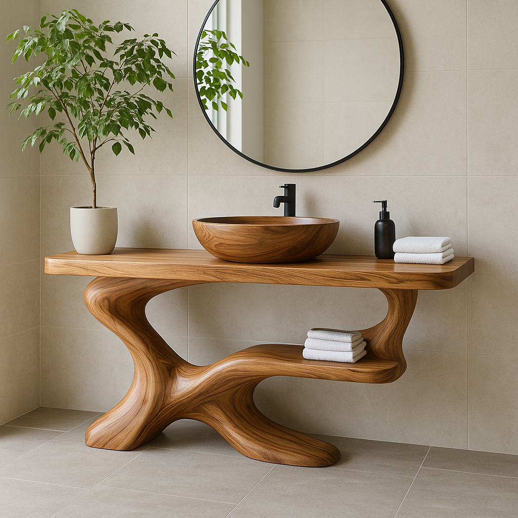 Handcrafted Solid Wood Vanity with Sculptural Flow Design and Contemporary Natural Form