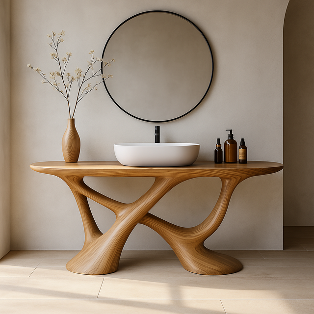 Handcrafted Solid Wood Vanity with Fluid Organic Shape and Modern Sculptural Design