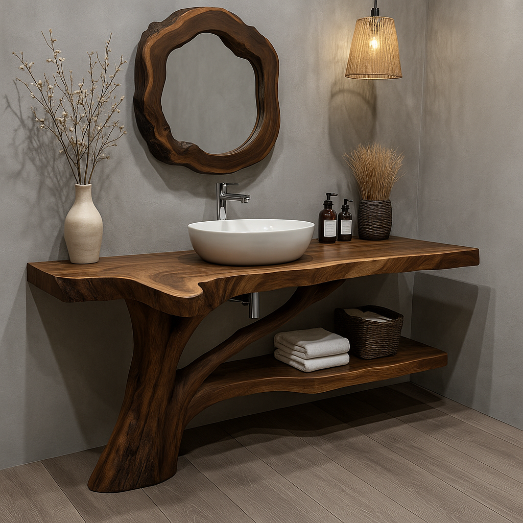 Handcrafted Solid Wood Vanity with Tree-Root Inspired Base and Organic Live Edge Design