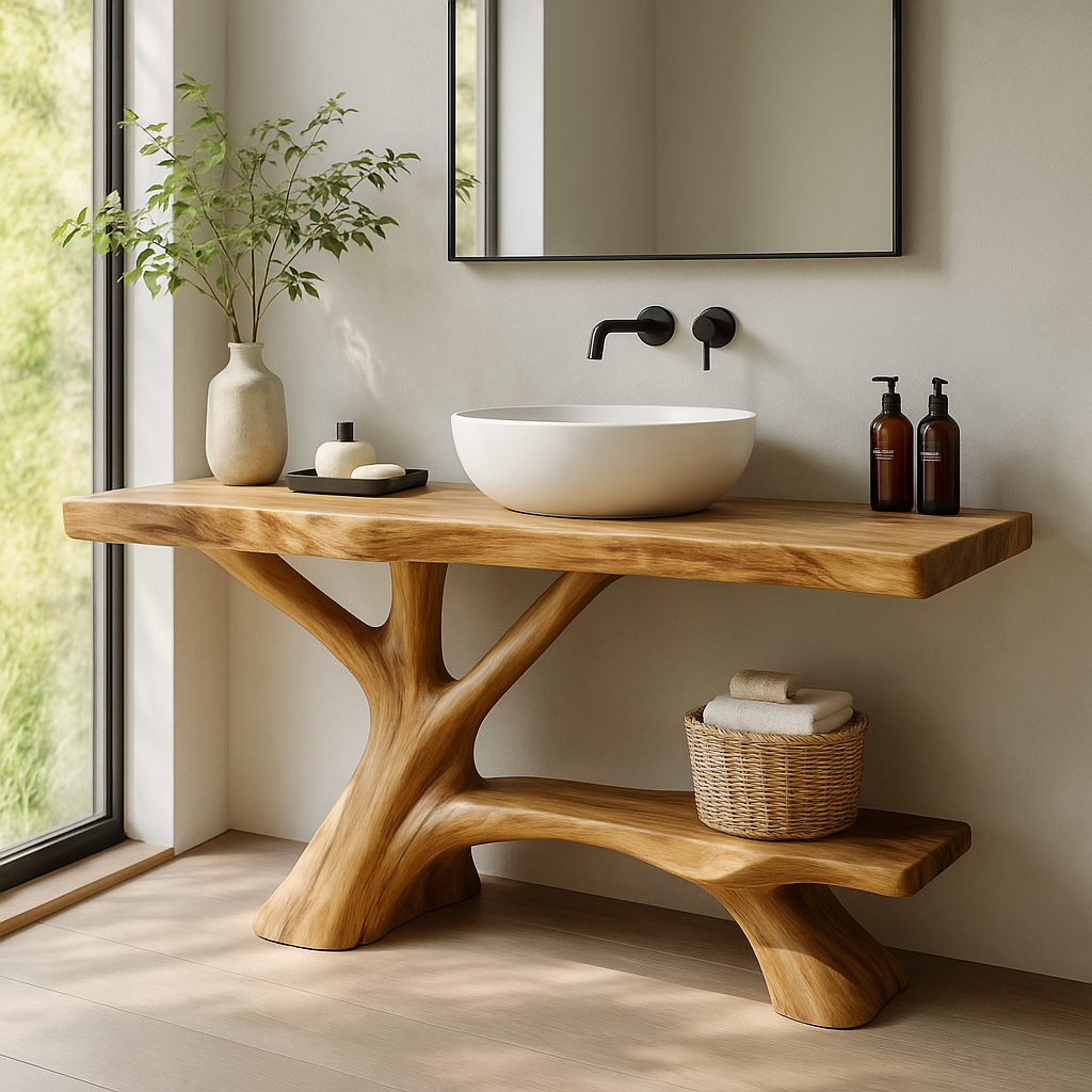 Handcrafted Solid Wood Vanity with Branch-Inspired Base and Organic Sculptural Design