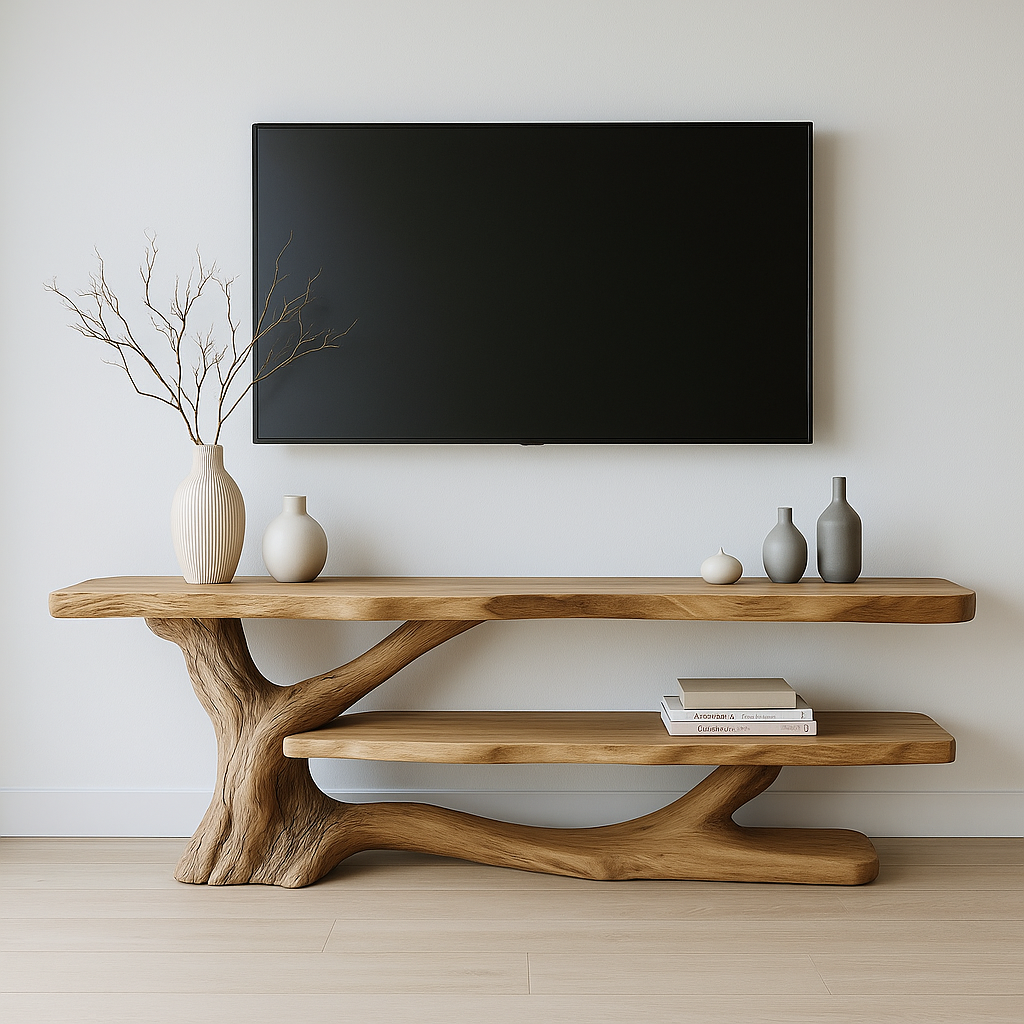 Handcrafted Solid Wood TV Stand with Organic Sculpted Design – Modern Natural Media Console