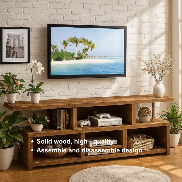 Handcrafted Solid Wood TV Stand – Rustic Modern Media Console with Open Shelves for Living Room Storage and Display
