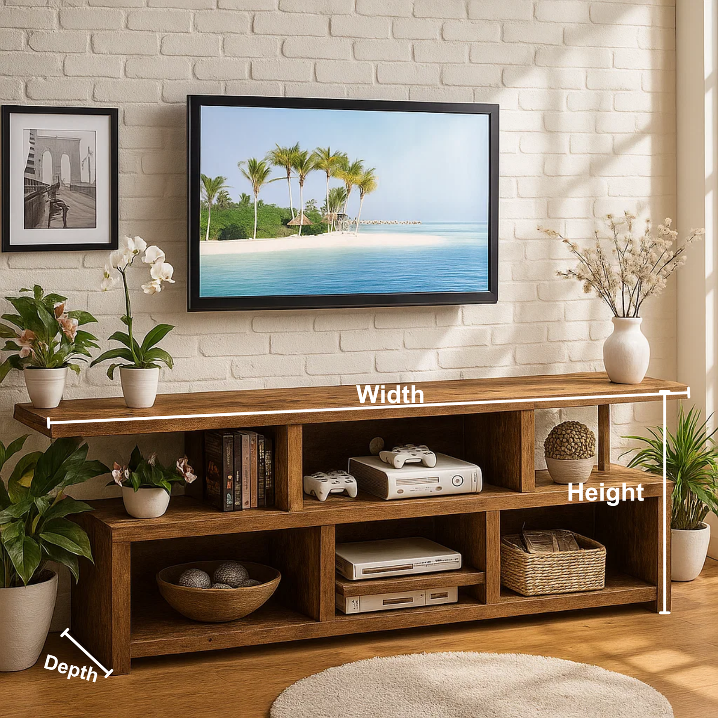 Handcrafted Solid Wood TV Stand – Rustic Modern Media Console with Open Shelves for Living Room Storage and Display