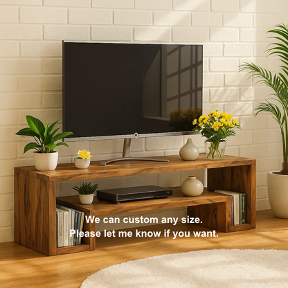 Handcrafted Solid Wood TV Stand – Modern Minimalist Media Console with Open Shelves and Natural Warm Finish