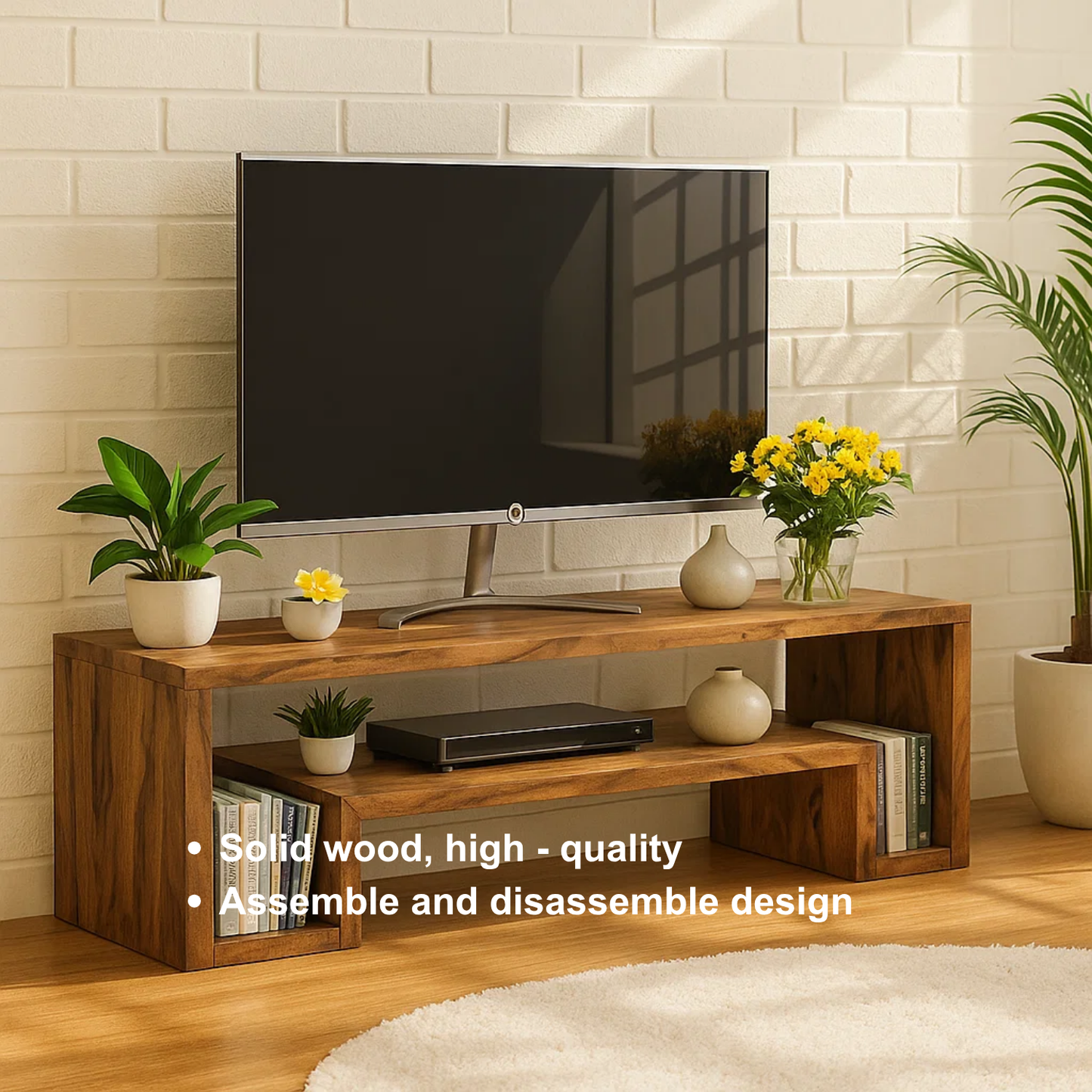 Handcrafted Solid Wood TV Stand – Modern Minimalist Media Console with Open Shelves and Natural Warm Finish