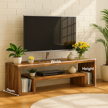 Handcrafted Solid Wood TV Stand – Modern Minimalist Media Console with Open Shelves and Natural Warm Finish