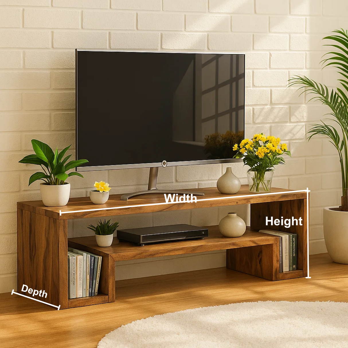 Handcrafted Solid Wood TV Stand – Modern Minimalist Media Console with Open Shelves and Natural Warm Finish