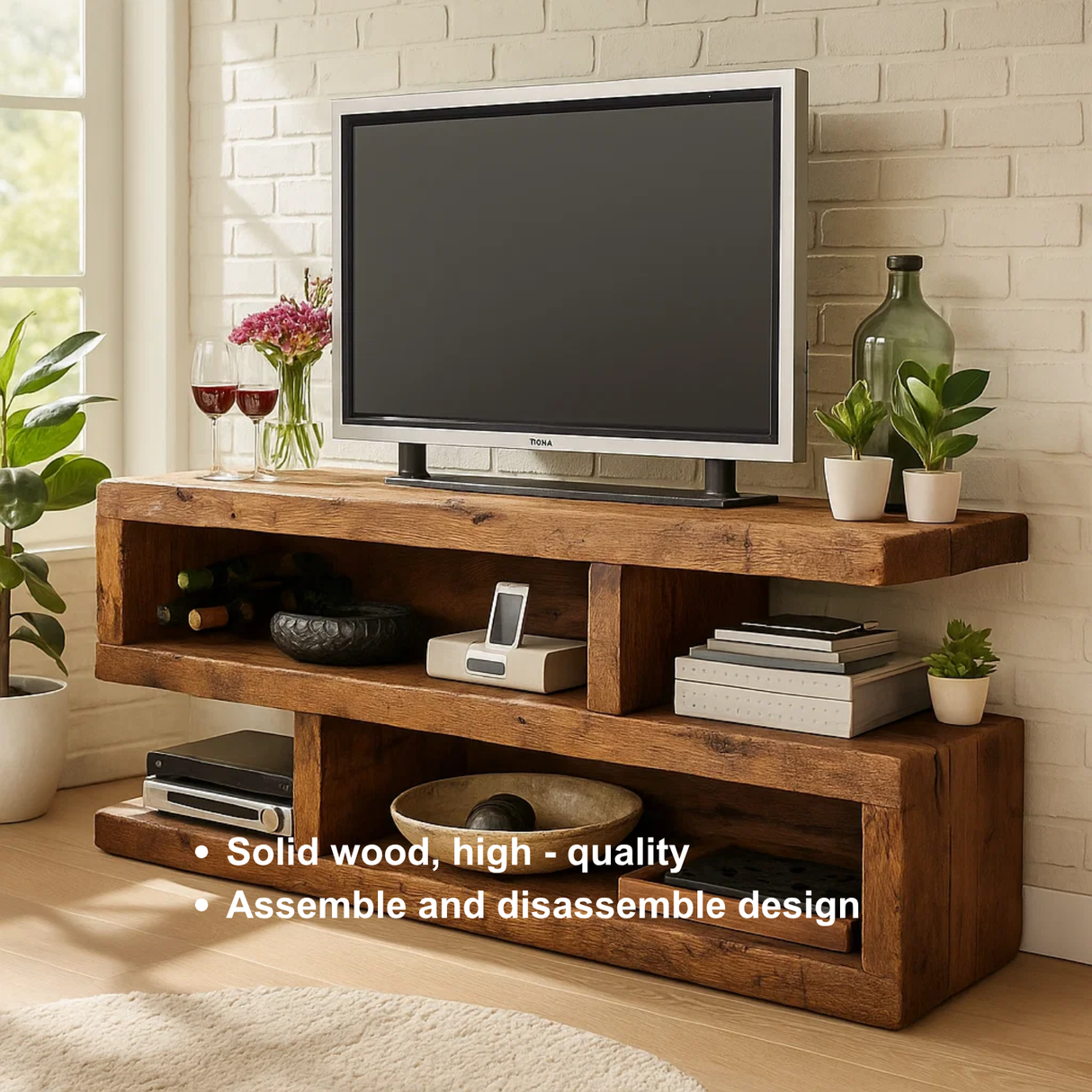 Rustic Solid Wood TV Stand – Handcrafted 3-Tier Media Console with Open Shelves and Natural Finish for Living Room