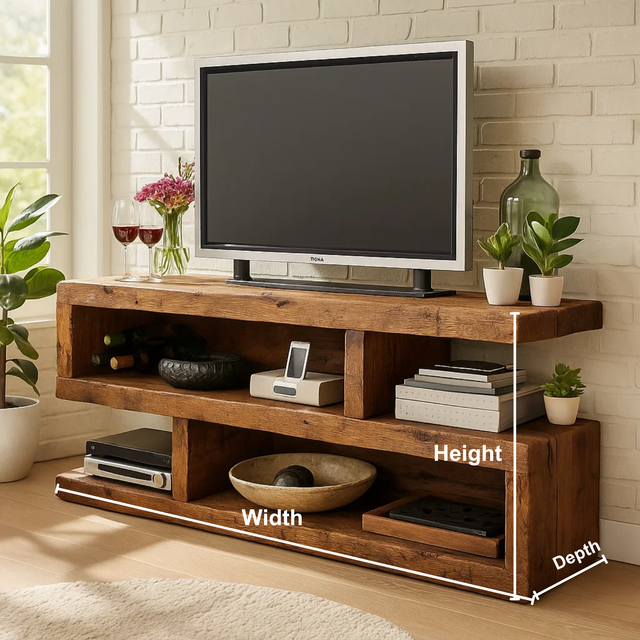 Rustic Solid Wood TV Stand – Handcrafted 3-Tier Media Console with Open Shelves and Natural Finish for Living Room