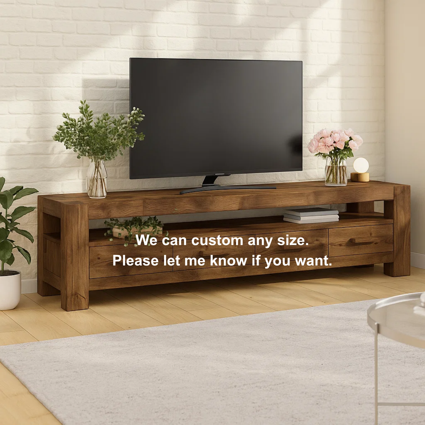 Handcrafted Solid Wood TV Stand – Modern Rustic Media Console with Drawers and Open Shelf in Natural Warm Finish