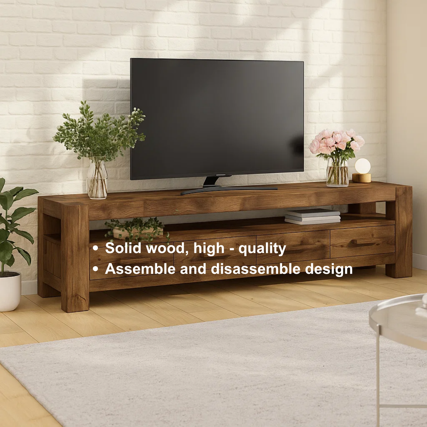 Handcrafted Solid Wood TV Stand – Modern Rustic Media Console with Drawers and Open Shelf in Natural Warm Finish
