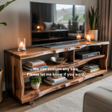 Rustic Live Edge Solid Wood TV Stand – Handcrafted Organic Media Console with 4 Open Shelves for Modern Living Spaces