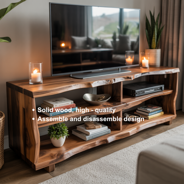 Rustic Live Edge Solid Wood TV Stand – Handcrafted Organic Media Console with 4 Open Shelves for Modern Living Spaces